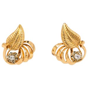 Mesure et art du temps - Diamonds on Shape Leaf Yellow Gold Stud Earrings