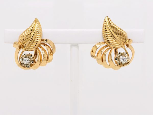 Mesure et art du temps - Diamonds on Shape Leaf Yellow Gold Stud Earrings