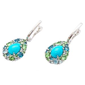 Mesure et art du temps 18 ct White Gold Pendant Earrings with Tsavorite, Turquoise, Topaz and Diamonds