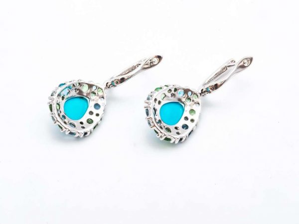 Mesure et art du temps 18 ct White Gold Pendant Earrings with Tsavorite, Turquoise, Topaz and Diamonds