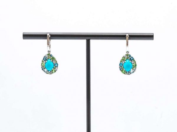 Mesure et art du temps 18 ct White Gold Pendant Earrings with Tsavorite, Turquoise, Topaz and Diamonds