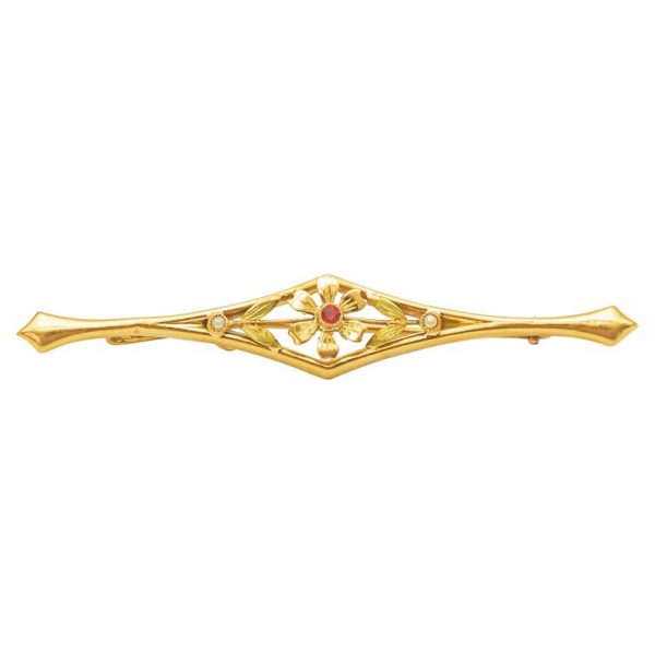 Mesure et art du temps - 18K Yellow Gold Ruby and Pearl Brooch