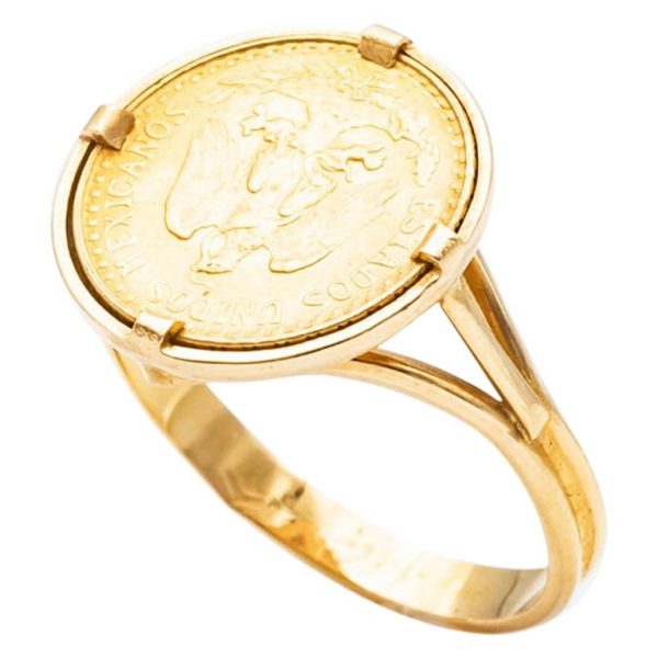 Mesure et art du temps - Solid 18k gold ring, eagle head hallmark, set with a gold coin of Dos Pesos Mexicanos, with the effigy of an eagle "Estados Unidos Mexicanos", dated 1945, 20th century. Size : 54 FR; 6,75 US; N UK