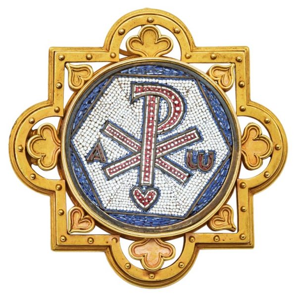 Mesure et art du temps - Antique Religious Brooch Micro Mosaic 18K Yellow Gold