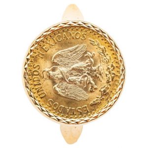 Mesure et art du temps - Ring Coins 2 Yellow Gold Pesos 18 Carats Estados Unidos Mexicana Solid 18k gold ring, eagle head hallmark, set with a gold coin of Dos Pesos Mexicanos, with the effigy of an eagle "Estados Unidos Mexicanos", dated 1945, 20th century. Size : 55,5 FR; 7,5 US; O UK