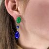 Mesure et art du temps - 18k Yellow Gold Pendant Earrings with Green Agatha, Blue Sapphire and Lapis Lazulis Art deco style earrings with cabochon cut green agates, drop cut lapis lazulis and briolette cut blue sapphire. length : 4,75 cm width : 1 cm