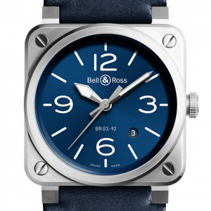 Mesure et art du temps - The BR03 BLUE STEEL features a mechanical automatic movement in a 42 mm diameter polished-satin steel case. It is particularly legible with its blue dial, numbers, indexes and hands covered with Superluminova®. This watch comes with a blue calf leather and synthetic fabric strap.