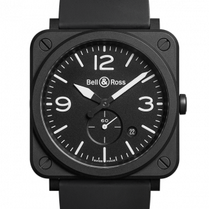 Mesure et art du temps - Movement: Calibre BR-CAL.102. Quartz. Functions : hours, minutes, small second at 6 o'clock. Date. Case: diameter 39 mm. Matte black ceramic. Dial: black. Numerals, hour markers and hour and minute hands coated with Superluminova®. Glass: sapphire crystal with anti-reflective coating. Water resistance: 100 meters. Strap: black rubber. Buckle: pin buckle. Steel with black PVD finish.