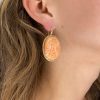 Mesure et art du temps - 18 karat Yellow Gold and Diamond Cameo Coral Earrings Cameo engraved with my hands in a Coral taken up on Yellow Gold 18 carats. The outline of the coral is set with Diamonds. Earrings neck sign