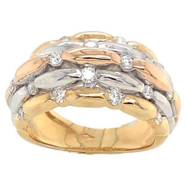 Mesure et art du temps - 18 karat White, Yellow and Pink Gold Ring with diamonds Ring with diamonds for a total of 0.516 carats in a stacked setting, Form B, Quantity 18, Color G. 18 karat Yellow Gold, 18 karat White Gold, and 18 karat Rose Gold make the setting of this ring. Size: 53 FR , M UK, 6.75 US