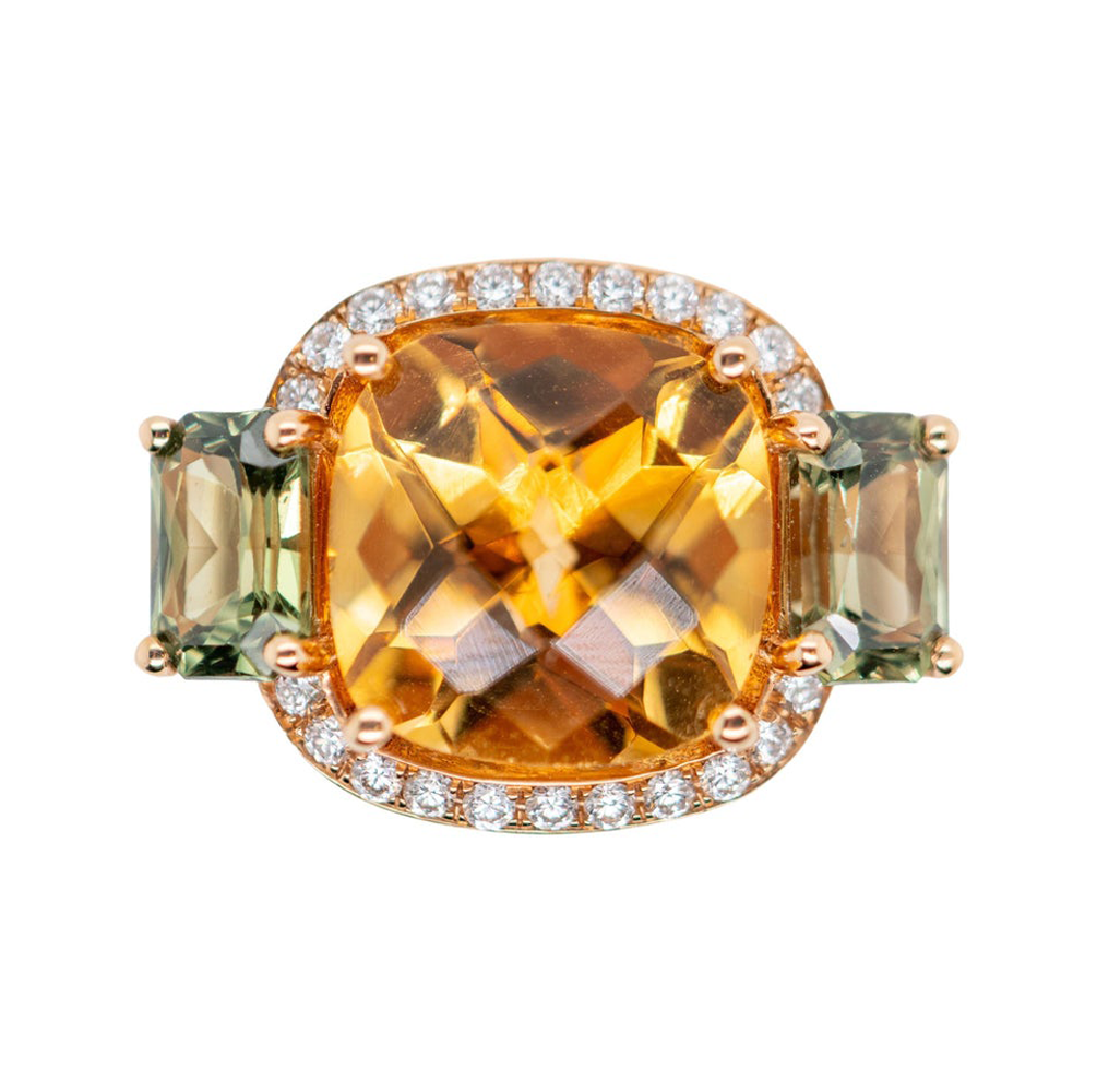 Bague Or Rose 18 Carats, Citrine, Diamants, Saphirs