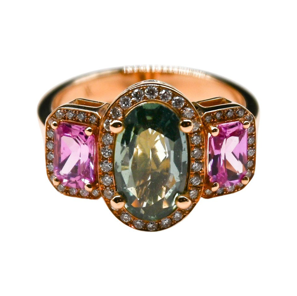 Bague Cocktail Or Rose 18 Carats Saphir Vert Diamants Saphirs Roses